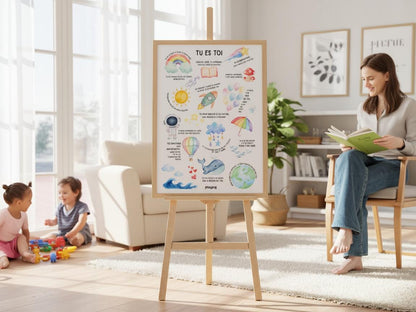 Affiche positive enfant “Tu es toi” | Poster motivationnel chambre bébé | Décoration murale éducative arc-en-ciel, baleine, fusée, nuages