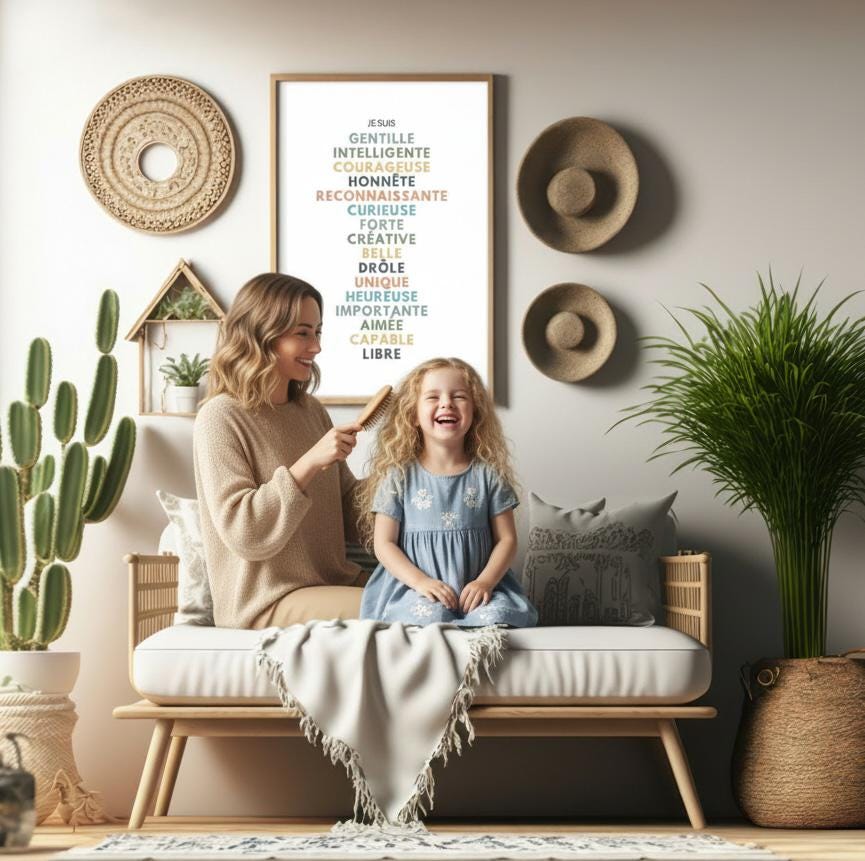Affiche affirmations positives pour développer la confiance en soi enfant, femme, homme avec bienveillance et amour