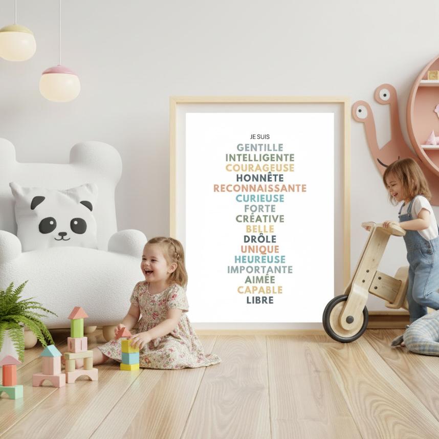 Affiche affirmations positives pour développer la confiance en soi enfant, femme, homme avec bienveillance et amour