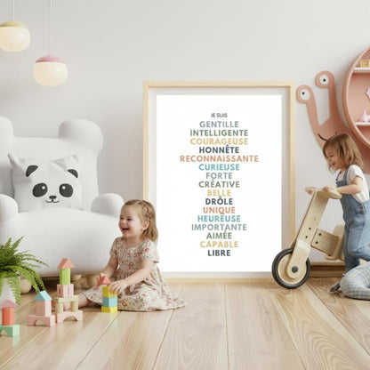 Affiche affirmations positives pour développer la confiance en soi enfant, femme, homme avec bienveillance et amour