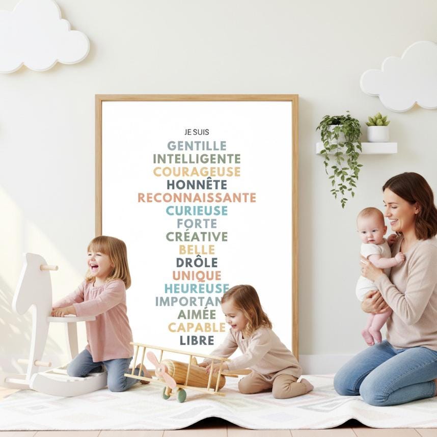 Affiche affirmations positives pour développer la confiance en soi enfant, femme, homme avec bienveillance et amour