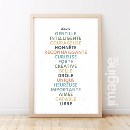Affiche affirmations positives pour développer la confiance en soi enfant, femme, homme avec bienveillance et amour