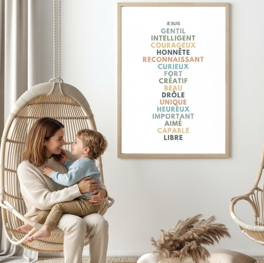 Affiche affirmations positives pour développer la confiance en soi enfant, femme, homme avec bienveillance et amour