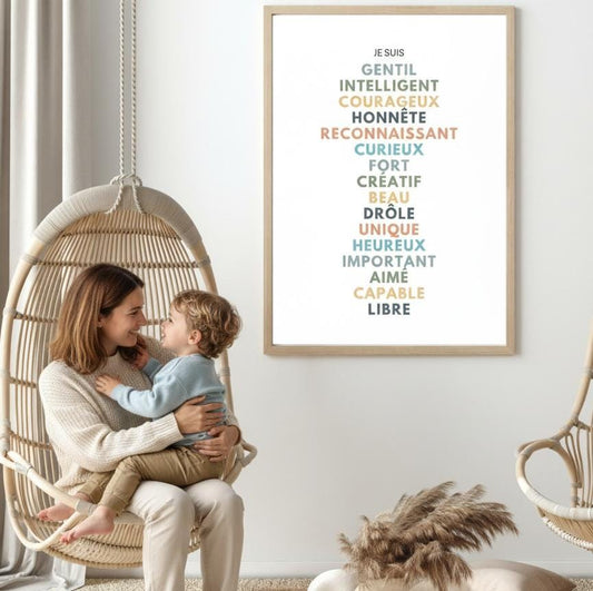 Affiche affirmations positives pour développer la confiance en soi enfant, femme, homme avec bienveillance et amour