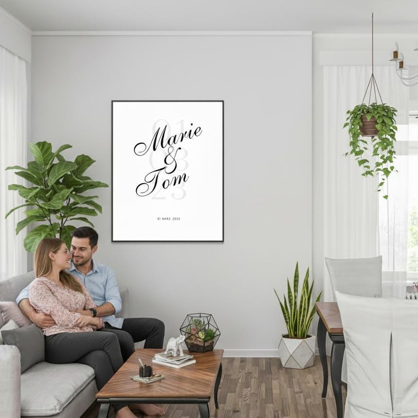 Affiche personnalisée “Notre Date” – Poster couple avec prénoms & date – Cadeau mariage, fiançailles, anniversaire, Saint-Valentin – Déco mu