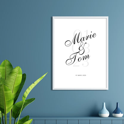 Affiche personnalisée “Notre Date” – Poster couple avec prénoms & date – Cadeau mariage, fiançailles, anniversaire, Saint-Valentin – Déco mu