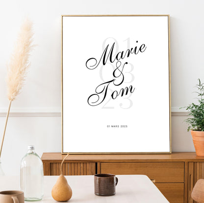 Affiche personnalisée “Notre Date” – Poster couple avec prénoms & date – Cadeau mariage, fiançailles, anniversaire, Saint-Valentin – Déco mu
