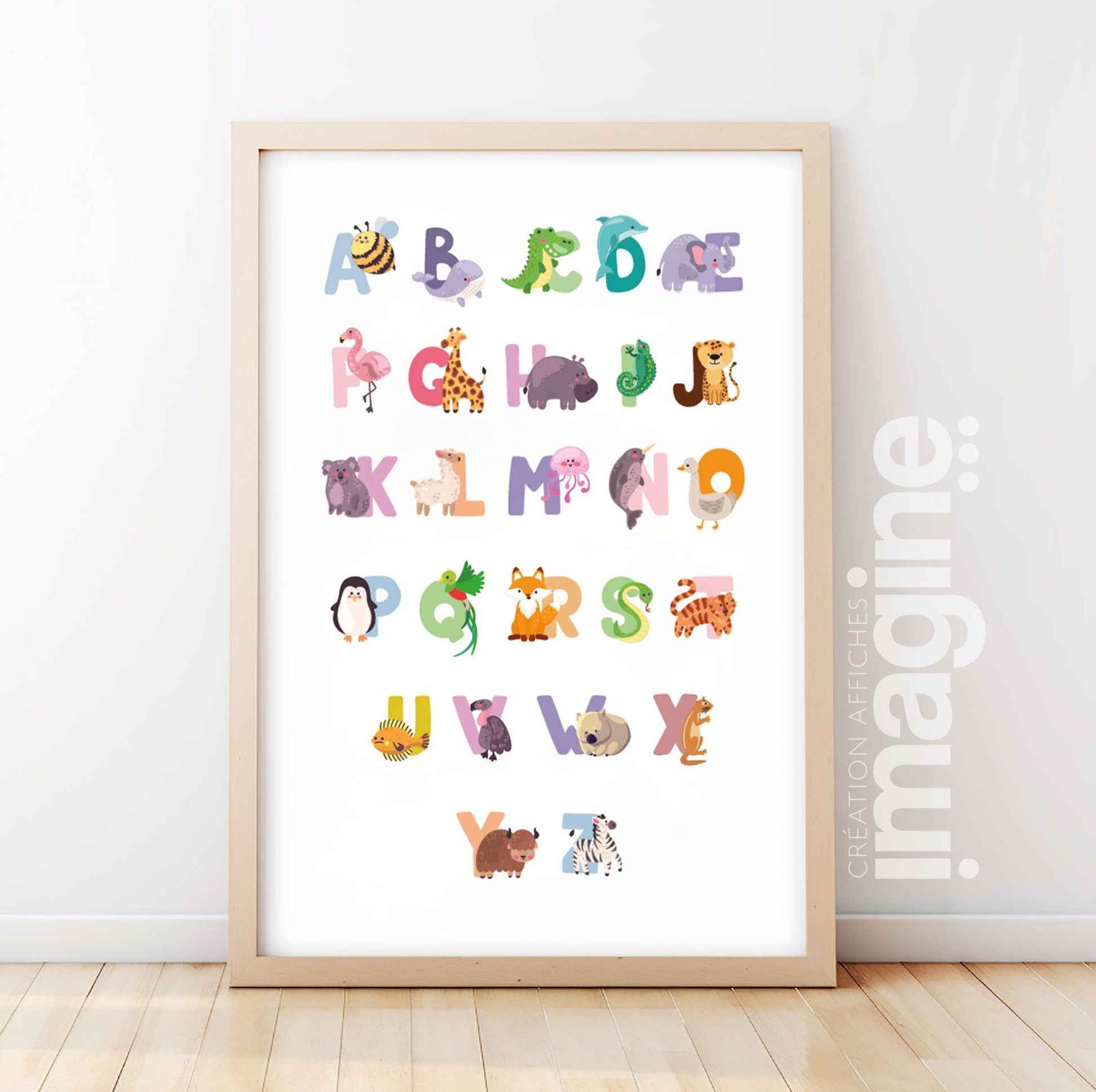 Abécédaire animaux coloré A à Z affiche éducative alphabet enfant - Imagine Affiche