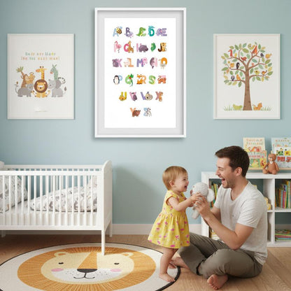 Poster alphabet animaux illustration couleurs vives apprentissage lettres enfant
