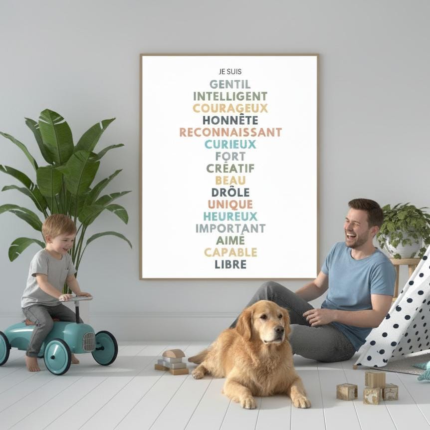 Affiche affirmations positives pour développer la confiance en soi enfant, femme, homme avec bienveillance et amour