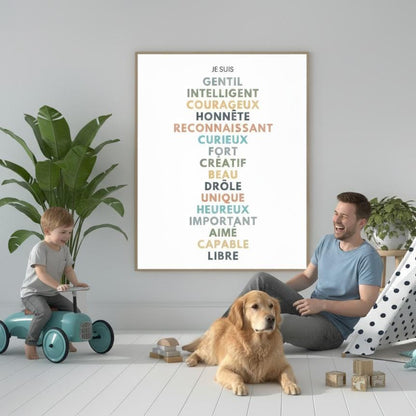 Affiche affirmations positives pour développer la confiance en soi enfant, femme, homme avec bienveillance et amour