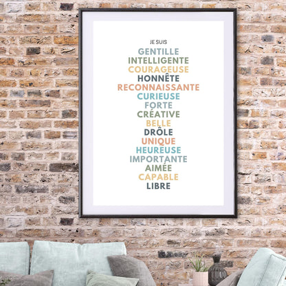 Affiche affirmations positives pour développer la confiance en soi enfant, femme, homme avec bienveillance et amour