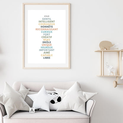 Affiche affirmations positives pour développer la confiance en soi enfant, femme, homme avec bienveillance et amour