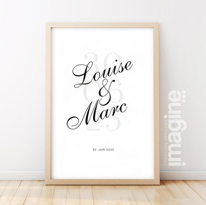 Affiche personnalisée “Notre Date” – Poster couple avec prénoms & date – Cadeau mariage, fiançailles, anniversaire, Saint-Valentin – Déco mu