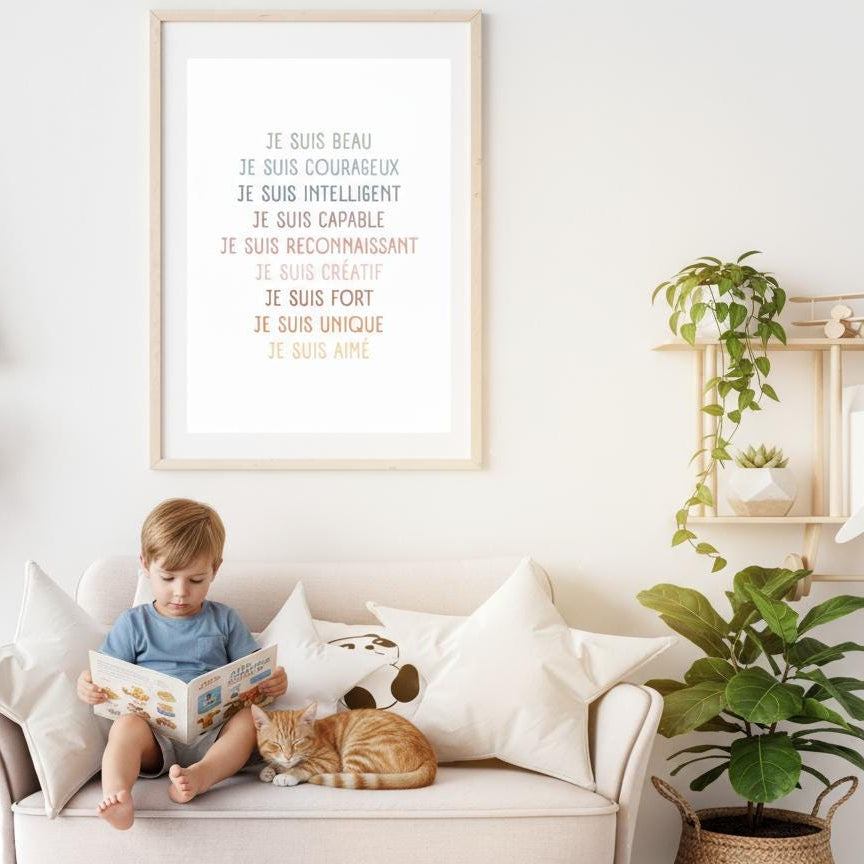 Affiche Je Suis 9 affirmations confiance estime de soi chambre enfant

