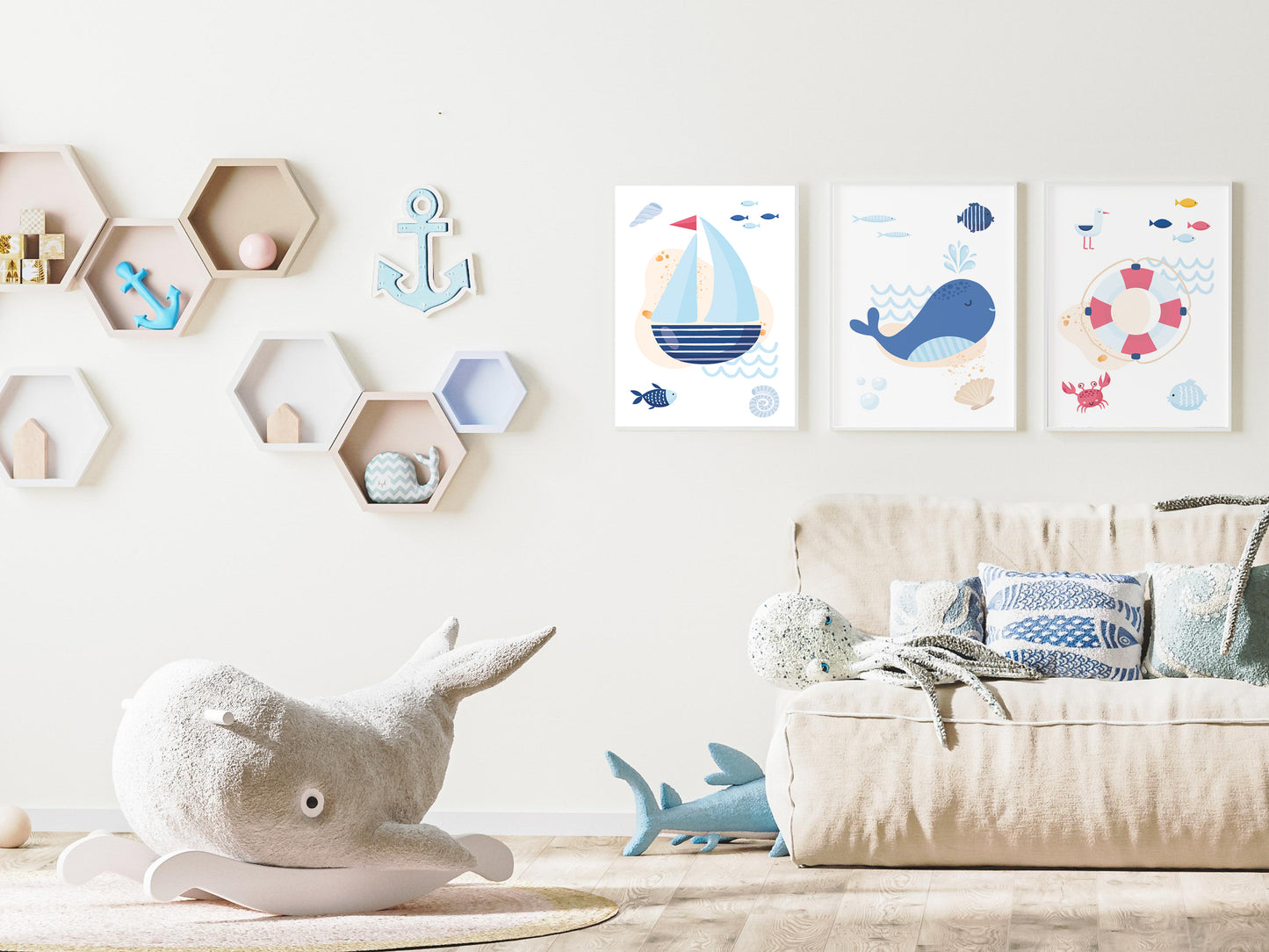 Posters sailor boat fish whale shell - 3 posters baby child room - Decoration - birth gift - ocean sea - bb deco ocean