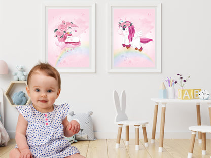 Pink unicorn posters for child/baby room - 3 Posters for girl decoration - Birth gift - A4/A3 format painting - decorative accessory - bb