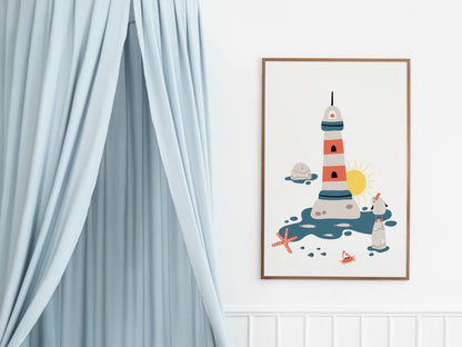 Marine posters boat lighthouse whale fish - 3 posters baby child room - Decoration - birth gift - ocean sea - blue illustration