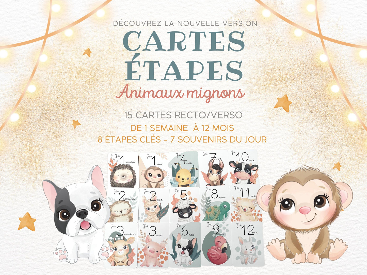 Carte étapes - 1 semaine 12 mois - Animaux mignon jungle forêt 0 1 an