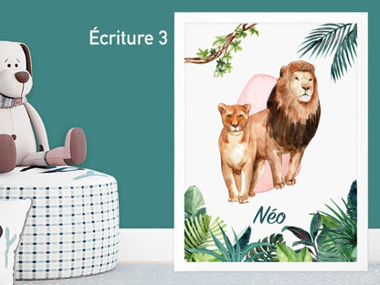 3 affiches personnalisées Jungle decoration avec Lion Eléphant Girafe pour Chambre salon adulte enfant sur le thème safari animaux - Imagine.affiche