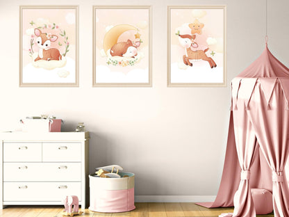 Posters Cute doe illustration - baby children's room - Girl decoration - Birth gift idea - Animal theme - A4 or A3 format