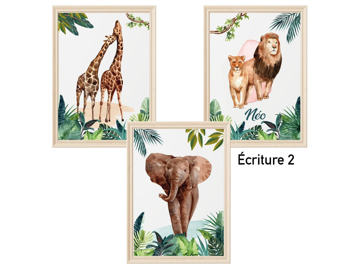 3 affiches personnalisées Jungle decoration avec Lion Eléphant Girafe pour Chambre salon adulte enfant sur le thème safari animaux - Imagine.affiche