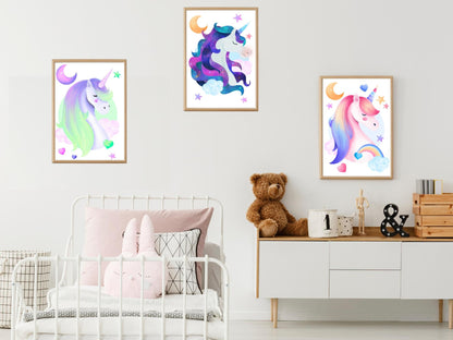Magical unicorn posters child/baby room - Decoration boy girl -multicolored- Birthday - storytelling and magic - 3 posters A4 A3 print