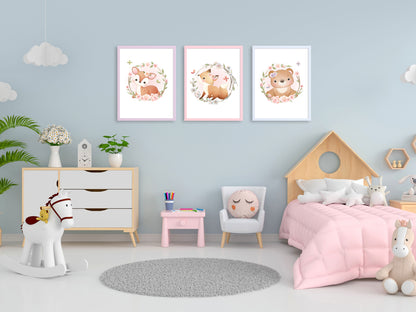 Posters doe cub and cute fox - A4 A3 - 3 posters baby child bedroom - Decoration - Quality printing - fawn - birth gift