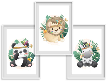 Affiches lion zèbre et panda mignon dans la jungle