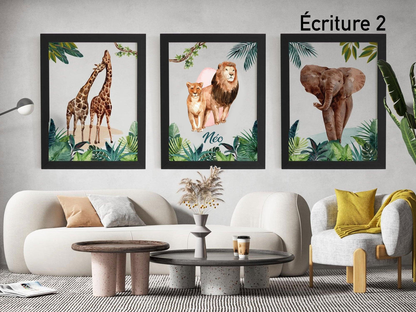 3 affiches personnalisées Jungle decoration avec Lion Eléphant Girafe pour Chambre salon adulte enfant sur le thème safari animaux - Imagine.affiche