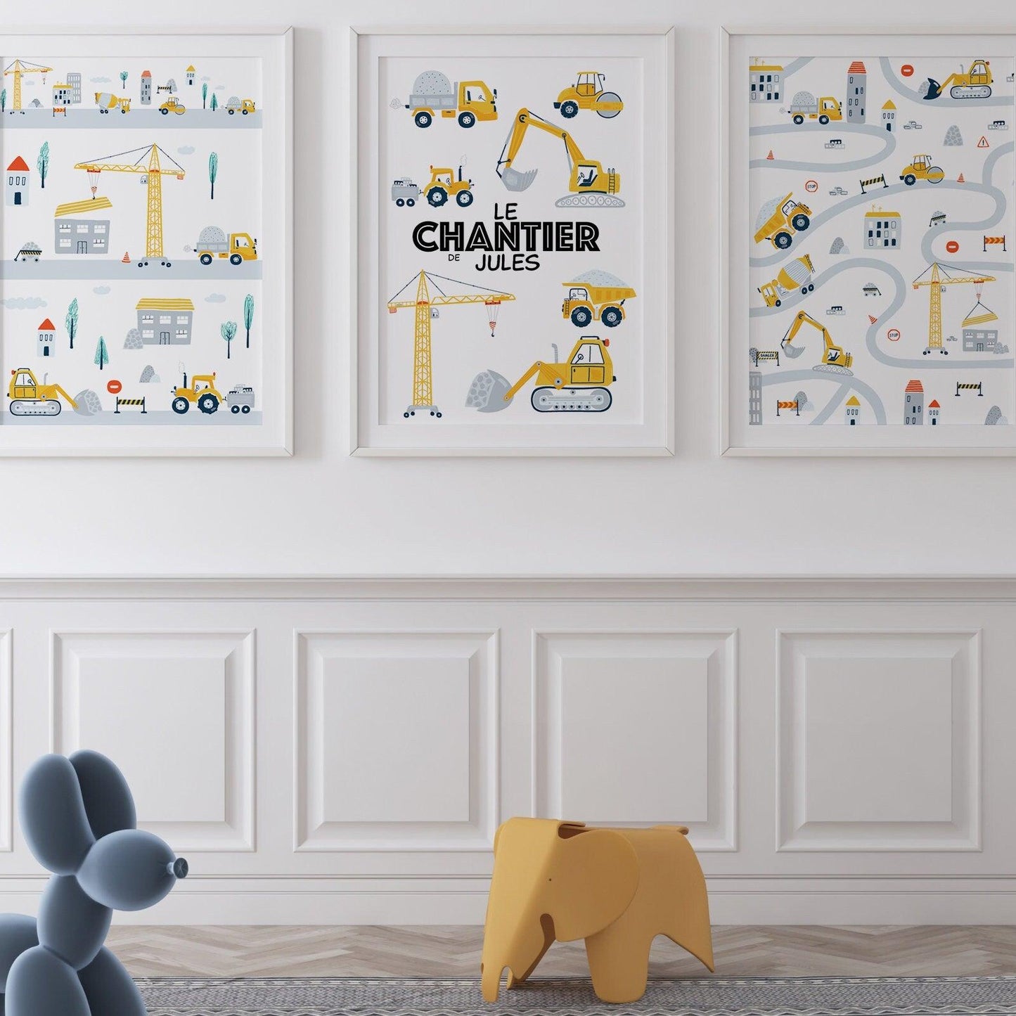 Affiche chantier personnalisée dans chambre - décoration murale thème construction garçon