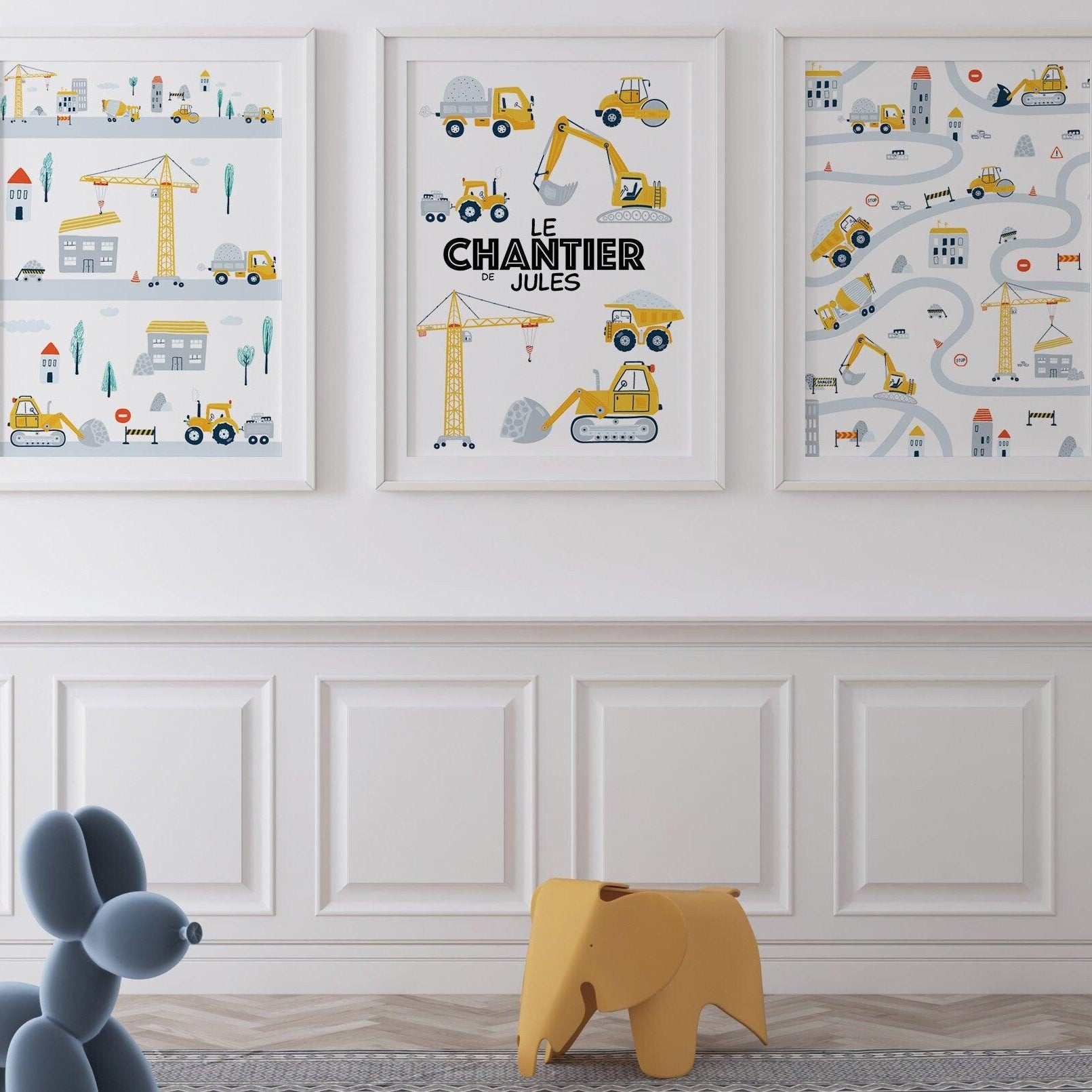 Affiche chantier personnalisée dans chambre - décoration murale thème construction garçon