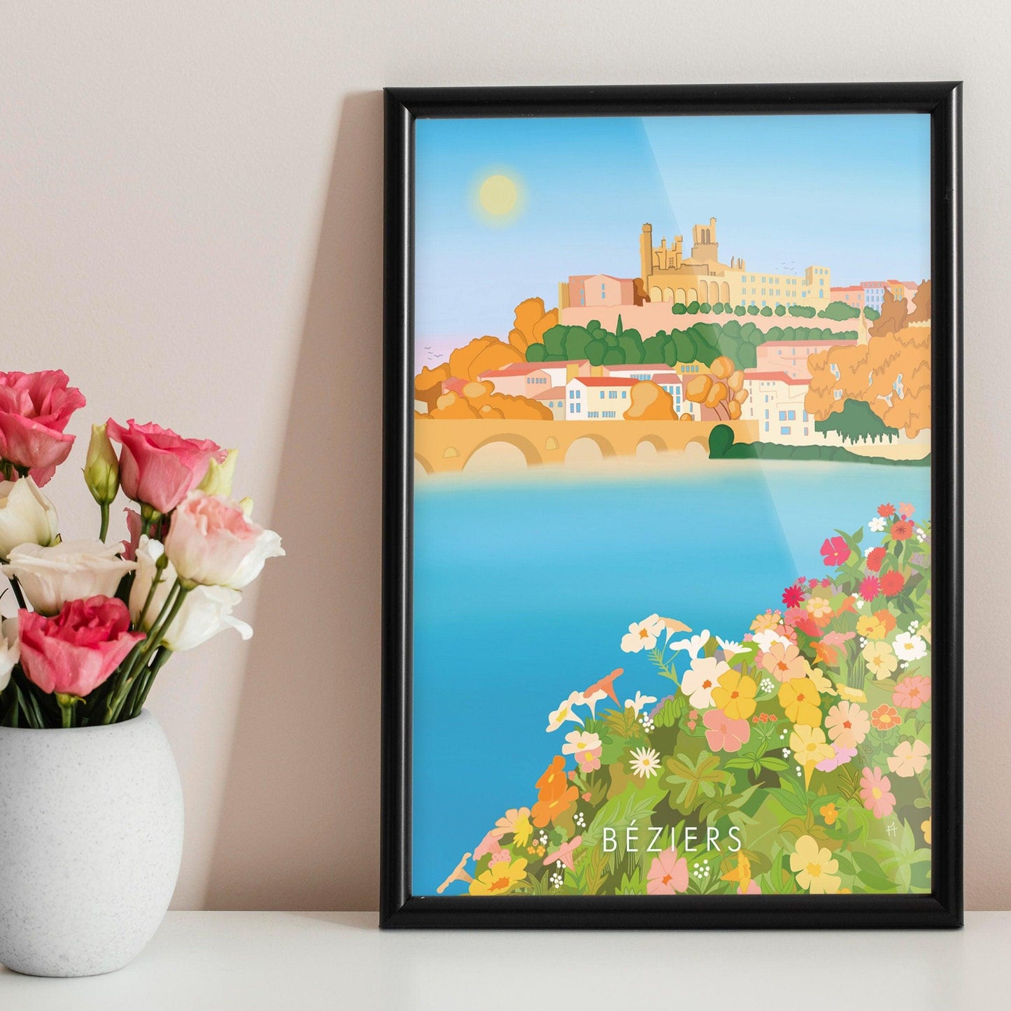 Poster Béziers Hérault Méditerranée souvenir été sud France aquarelle