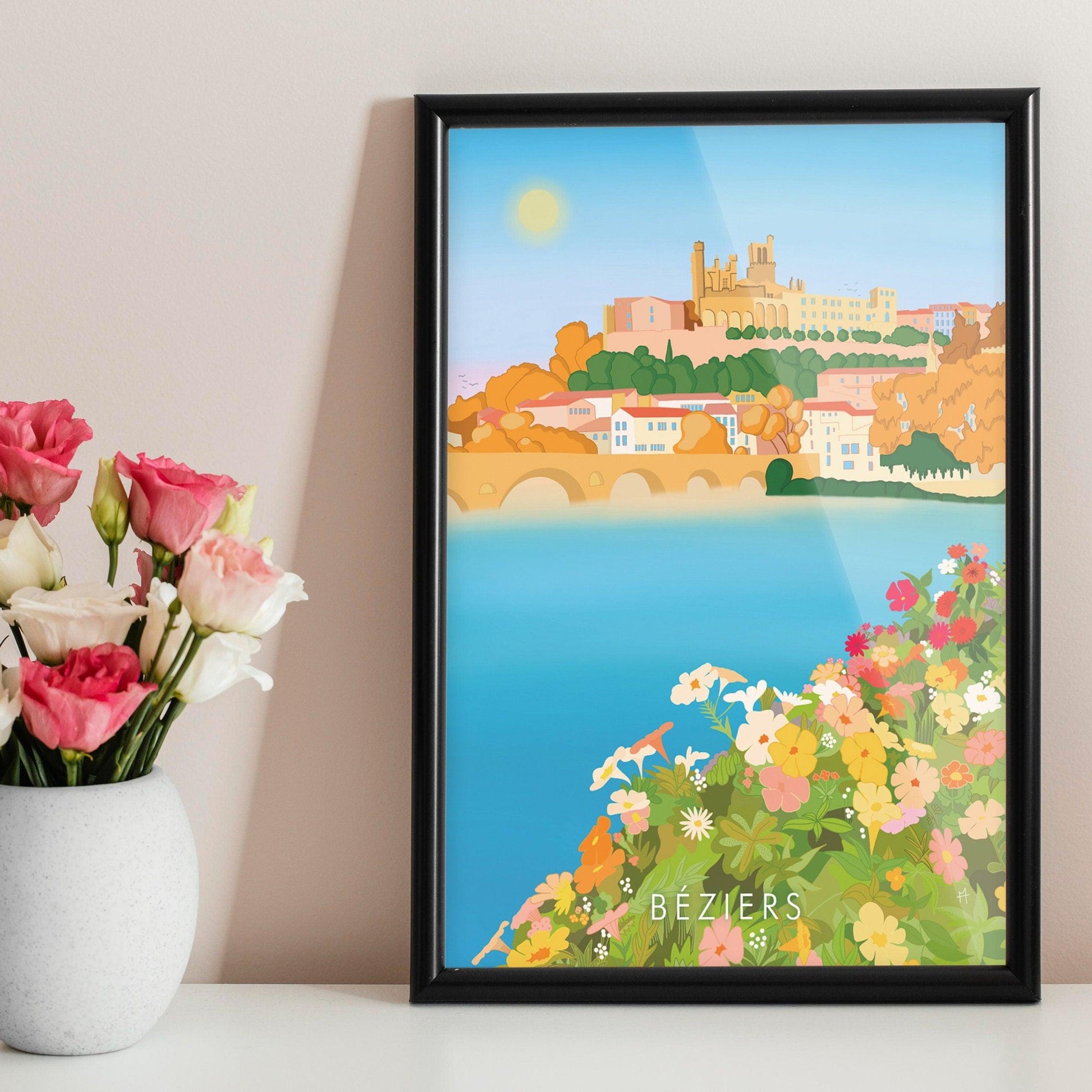 Poster Béziers Hérault Méditerranée souvenir été sud France aquarelle