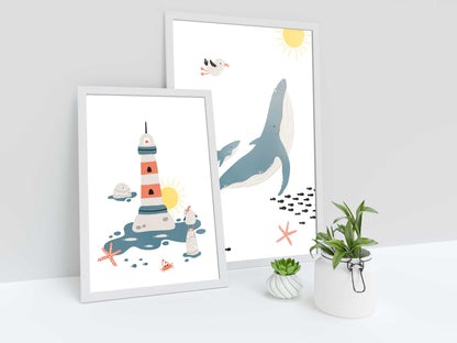 Marine posters boat lighthouse whale fish - 3 posters baby child room - Decoration - birth gift - ocean sea - blue illustration