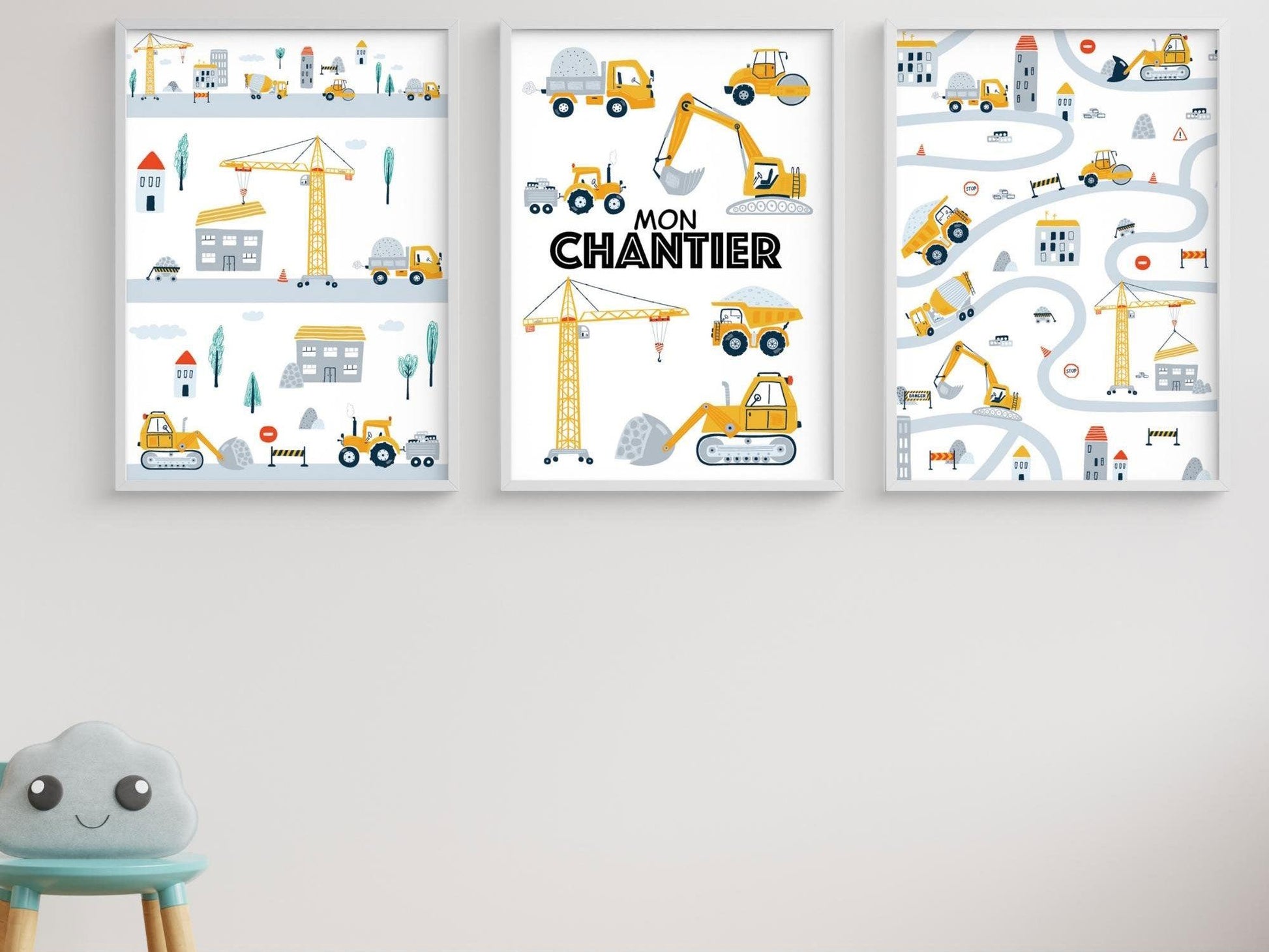 Lot affiches "Mon Chantier" avec camion pelleteuse pour chambre d'enfant - Imagine.affiche
