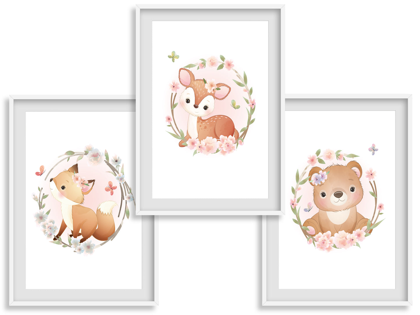 Posters doe cub and cute fox - A4 A3 - 3 posters baby child bedroom - Decoration - Quality printing - fawn - birth gift
