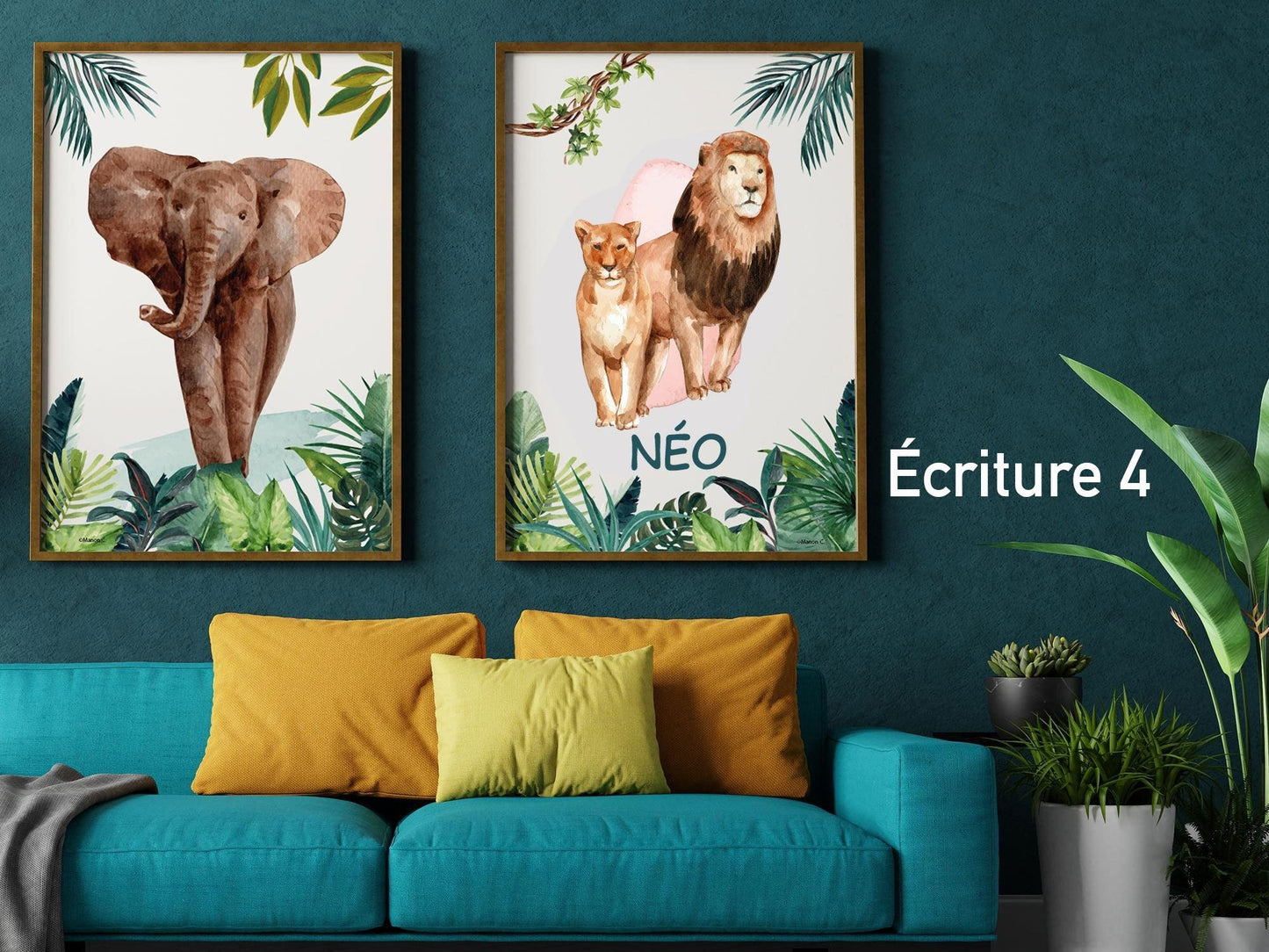 3 affiches personnalisées Jungle decoration avec Lion Eléphant Girafe pour Chambre salon adulte enfant sur le thème safari animaux - Imagine.affiche