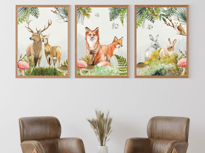 Set affiches "Forêt aquarelle" avec de beaux animaux un renard un lapin et un cerf - Imagine.affiche