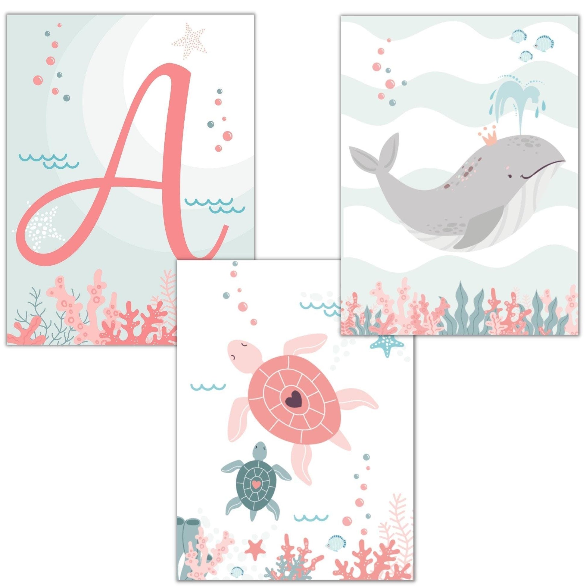 Baleine tortue  et lettre de prénom ocean - chambre enfant bébé - 3 affiches personnalisées Decoration - idee cadeau anniversaire naissance - Imagine.affiche
