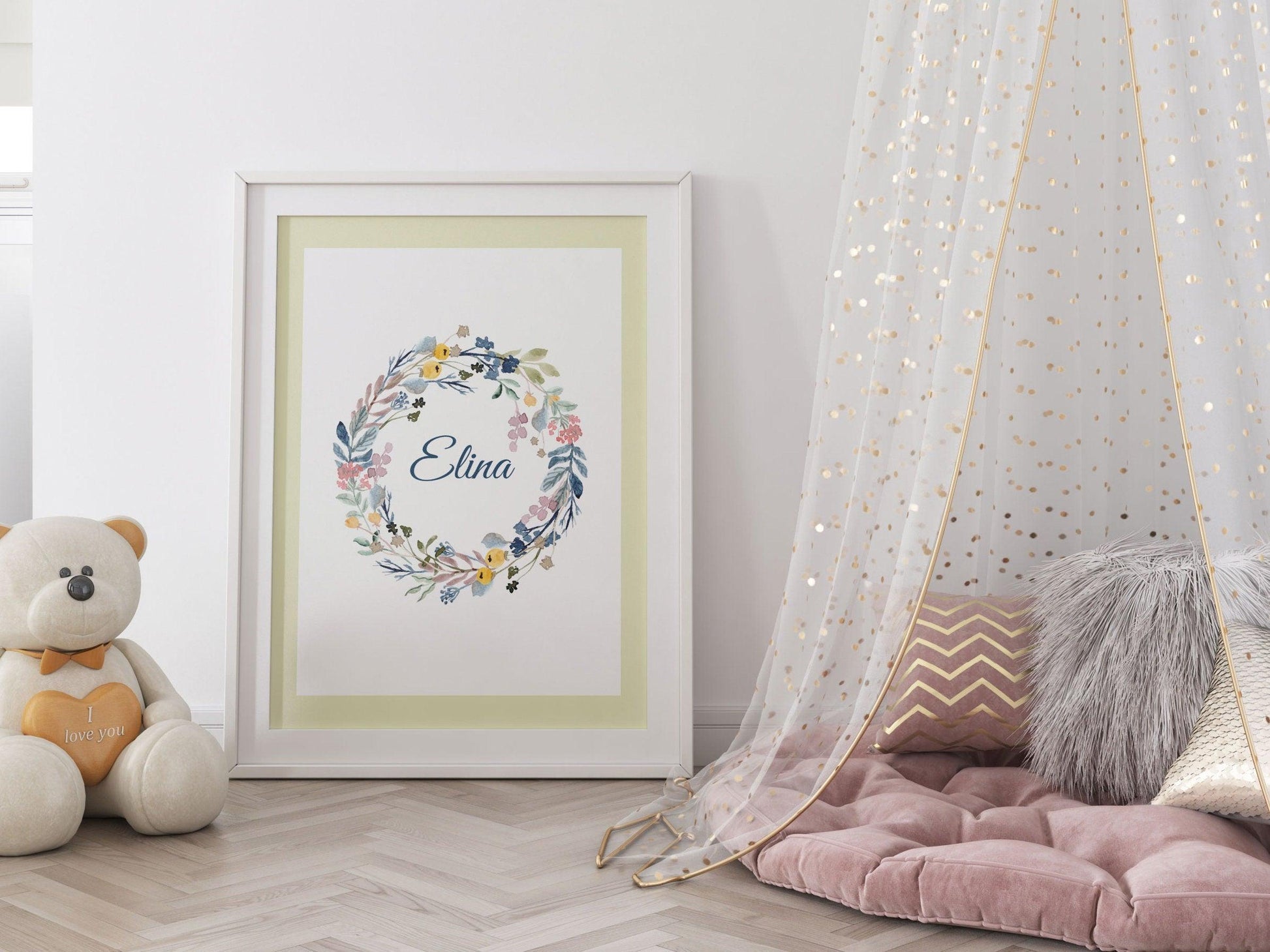 Affiche prénom personnalisable fleurie couronne - naissance anniversaire - fille bébé enfant - décoration poster mural - chambre salon - Imagine.affiche