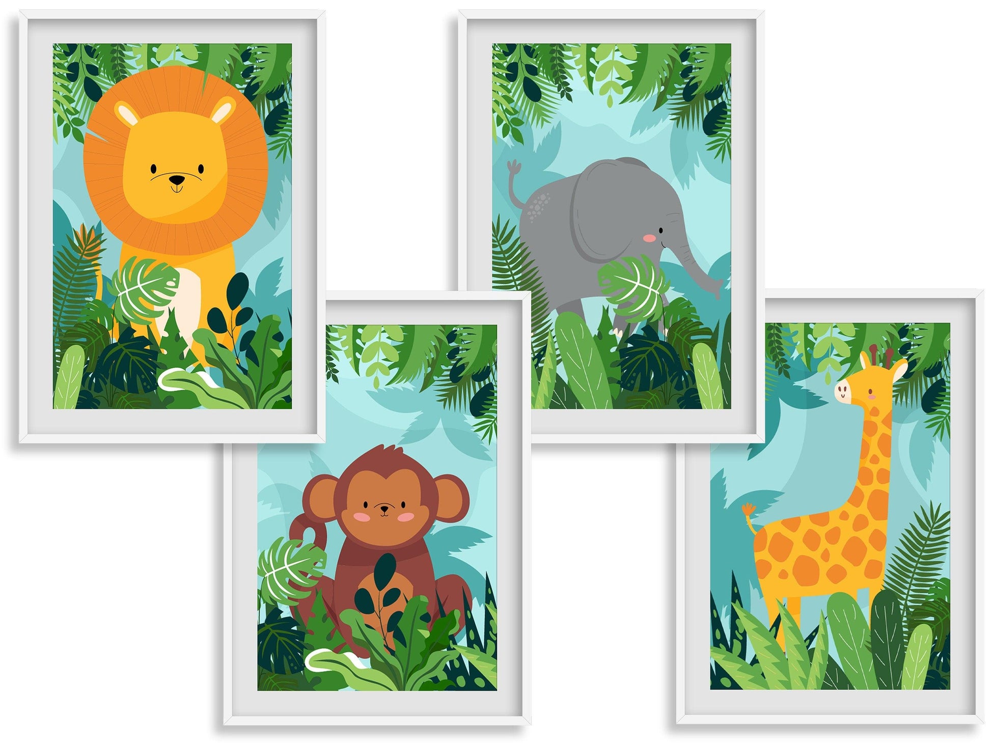 Affiches Animaux Jungle Éléphant Lion Girafe Singe  - chambre enfant bébé 4 posters - Décoration garçon fille naissance - safari dco - Imagine.affiche