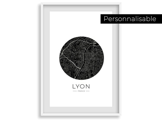 Affiche Lyon City Map - ville de France poster - carte art - noir et blanc design - décoration salon - personnalisable - lyonnais - voyage - Imagine.affiche