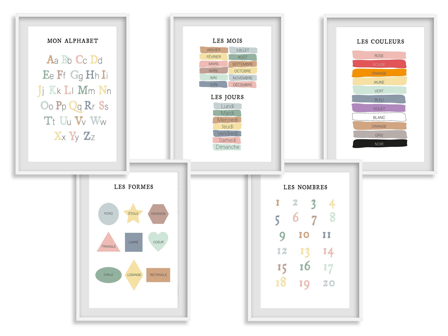 Affiche apprentissage abecedaire numéros formes couleurs jours mois enfant bebe - poster chambre salle de jeux - A4 A3 - lettre abcd chiffre - Imagine.affiche