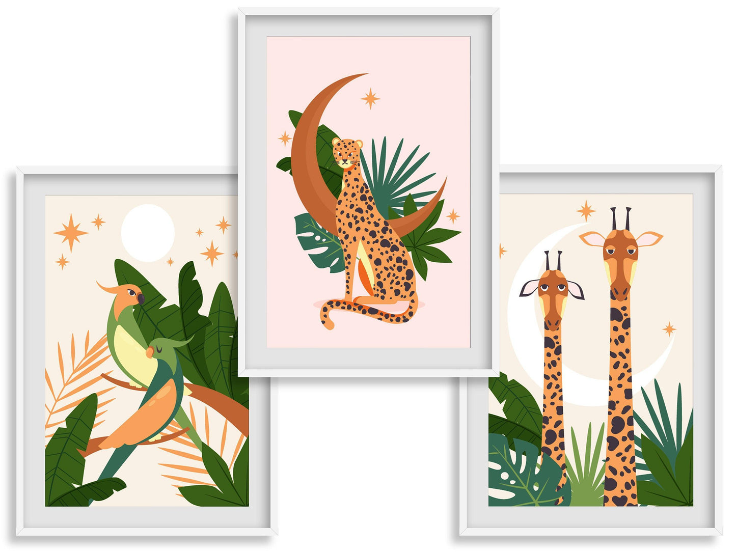 Affiche Léopard Éléphant Oiseau - A4 A3 - Décoration jungle savane - Posters design illustration safari - Deco salon chambre Affiche enfant - Imagine.affiche