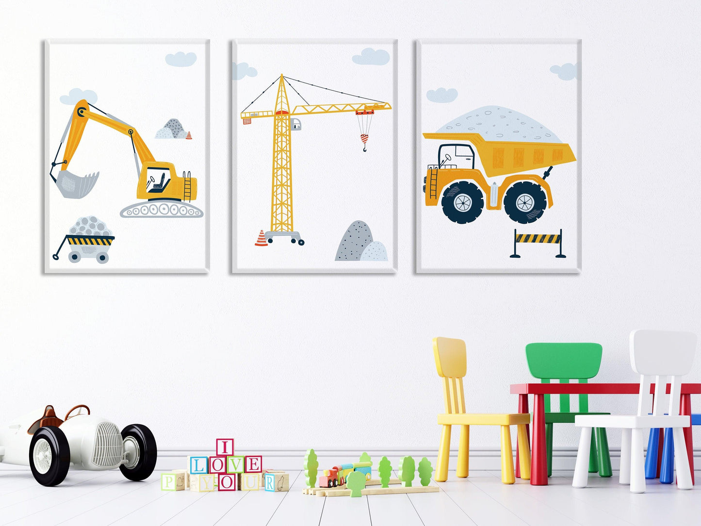Lot affiches Chantier avec camion pelleteuse grue pour chambre d'enfant - Imagine.affiche