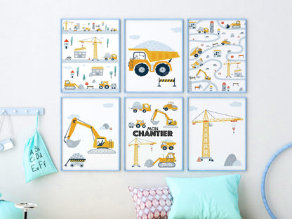 Lot affiches "Le Chantier de ... (prénom de l'enfant)" avec camion pelleteuse pour chambre d'enfant à personnaliser - Imagine.affiche