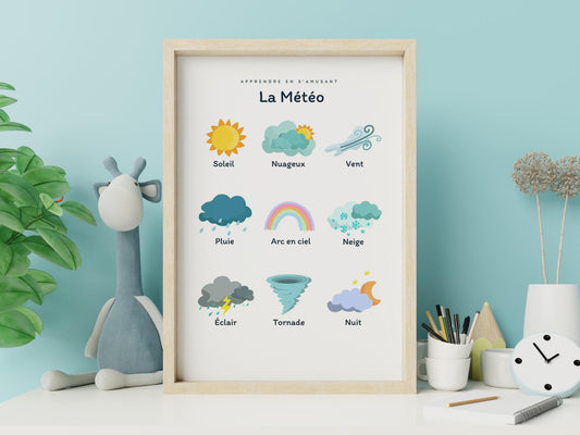 Affiche La météo - soleil pluie neige vent ou arc en ciel - enfant école maternelle primaire - poster enfant garçon et fille apprentissage - Imagine.affiche