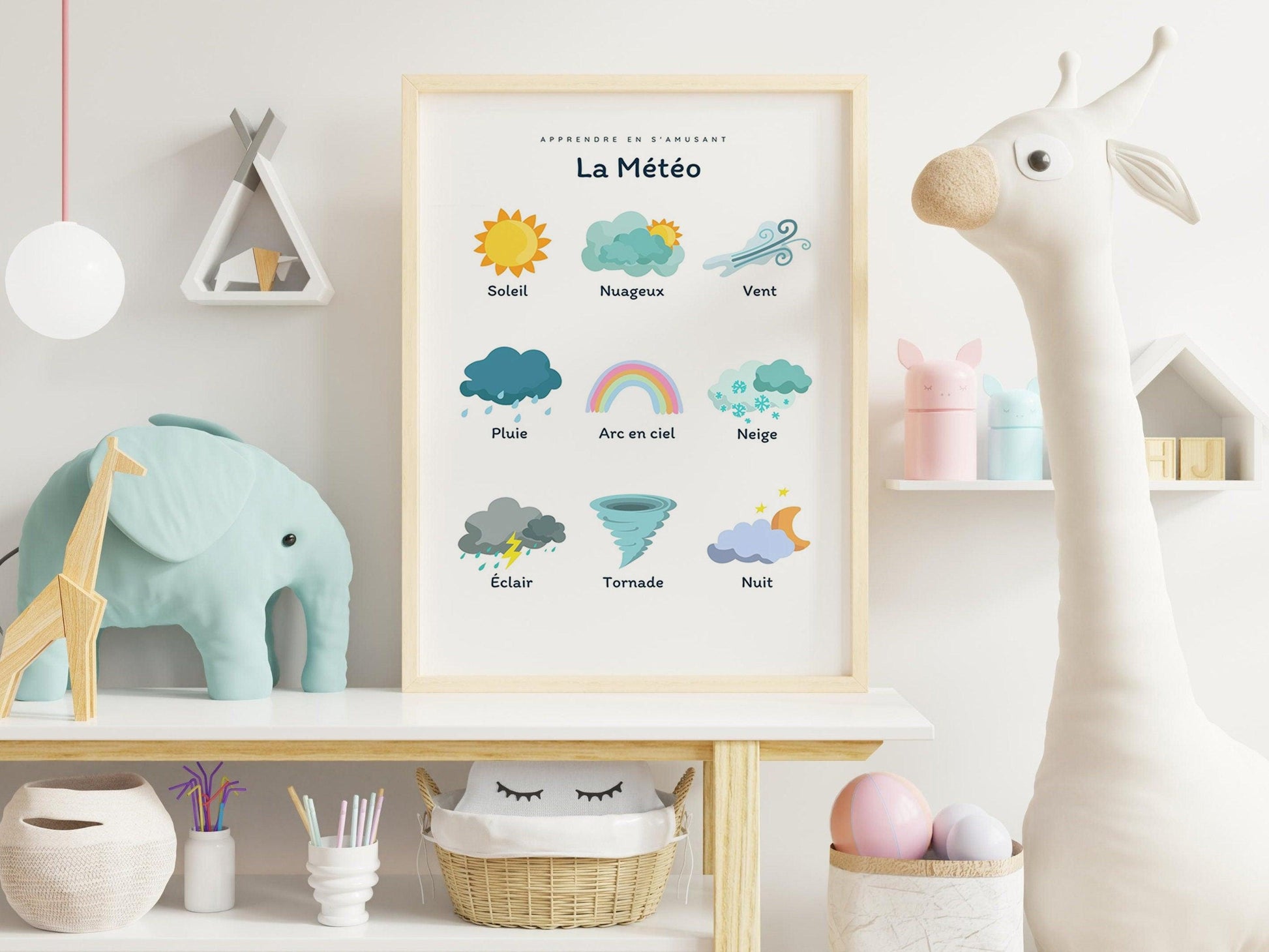 Affiche La météo - soleil pluie neige vent ou arc en ciel - enfant école maternelle primaire - poster enfant garçon et fille apprentissage - Imagine.affiche