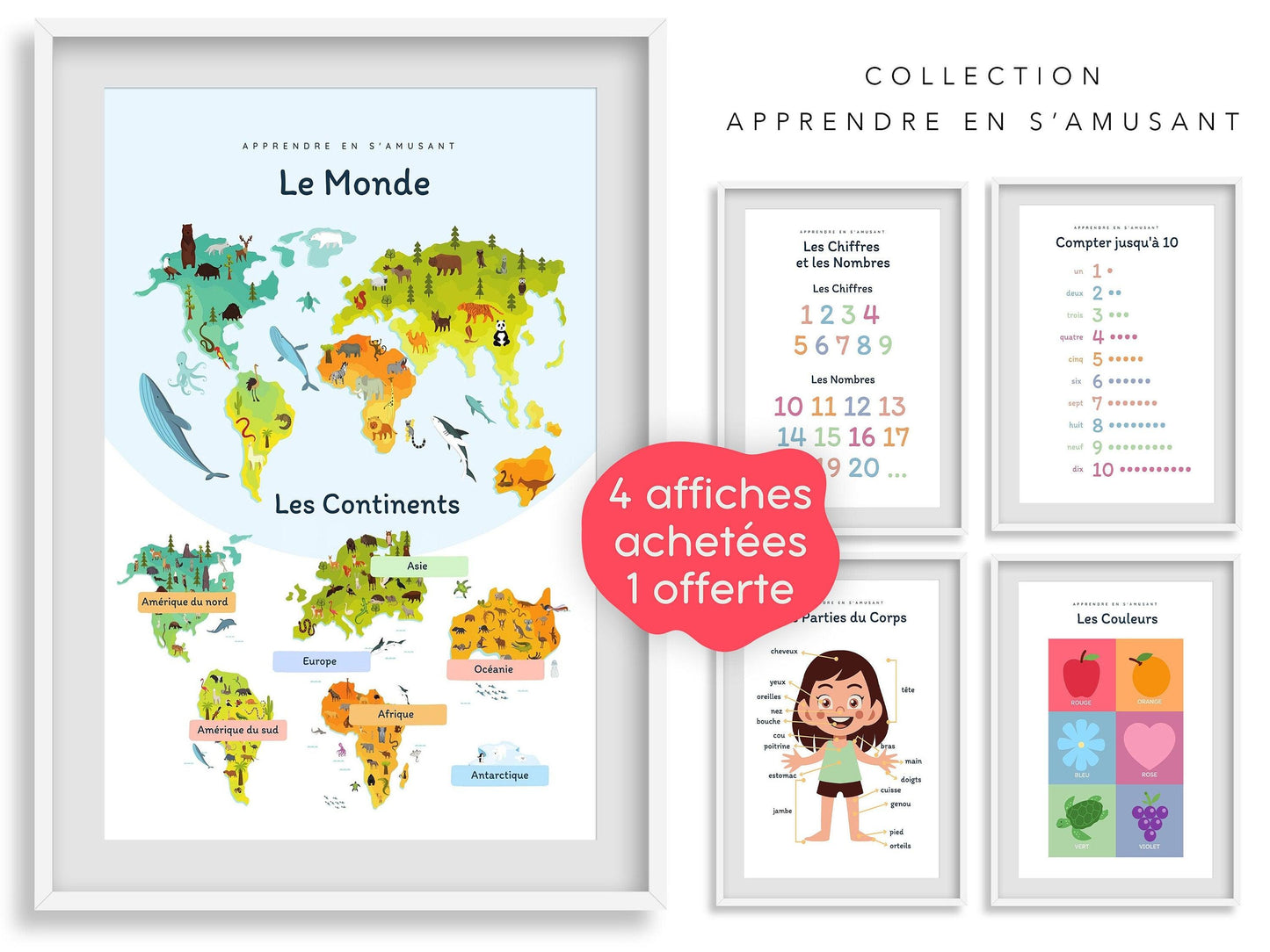 Affiche Le monde et les continents - Europe Amérique - enfant école maternelle primaire - poster enfant garçon et fille apprentissage - Imagine.affiche